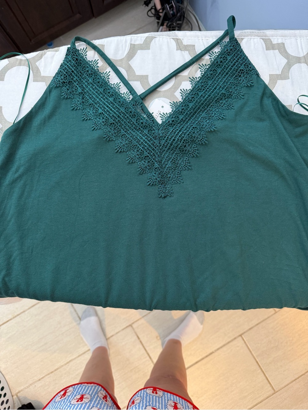 nine britton Green Lace-Trim Cami with Crisscross Straps